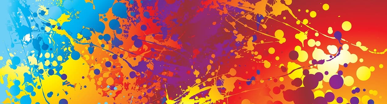 Abstract background of colorful paint splashes in blue, red, yellow, purple, and orange tones