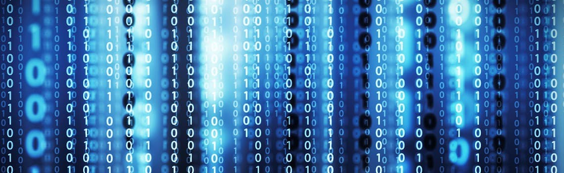 Blue background with vertical streams of binary code (0s and 1s).