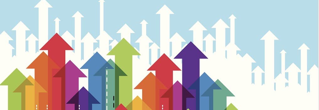 Abstract background of colorful upward arrows in red, blue, green, and purple tones.