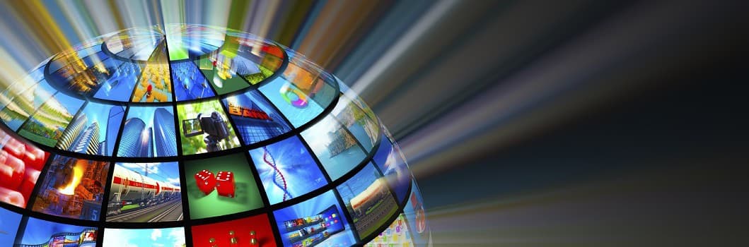Globe covered with colorful video thumbnails on a dark background with light rays.