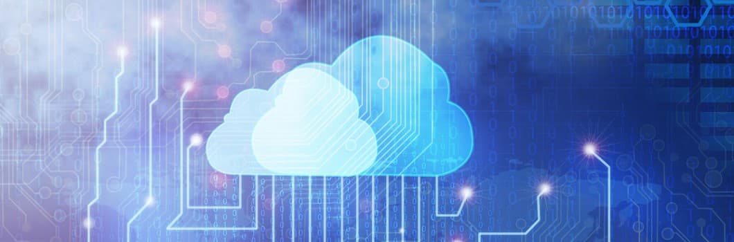 Digital illustration of white cloud icons with circuit board patterns on a blue background, symbolizing cloud technology and connectivity.