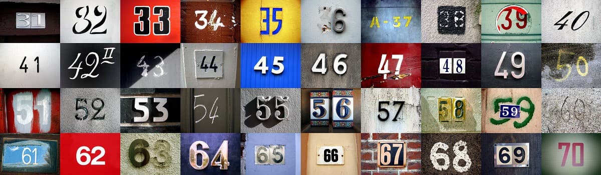 Grid of various house numbers and symbols on a colorful background.