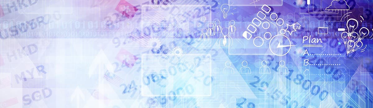 Abstract background with numbers, lightbulbs, and digital graphics in purple and blue tones, symbolizing innovation and technology.