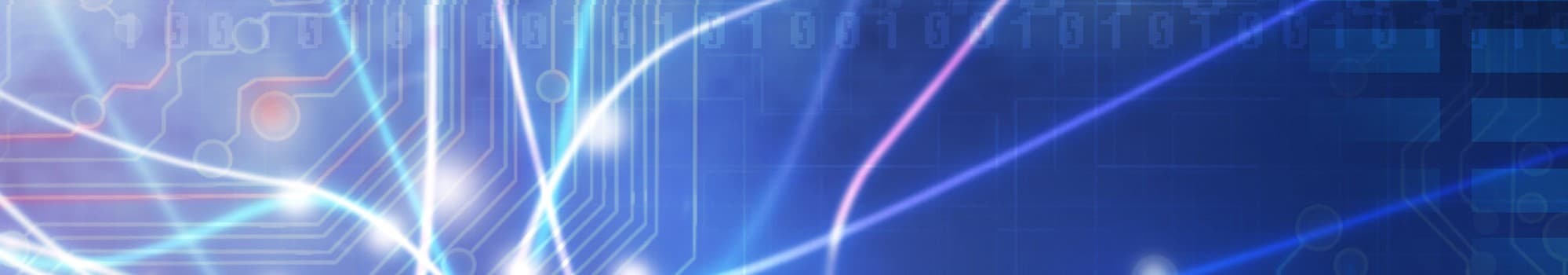 Abstract blue circuit board pattern with white and pink light streaks.