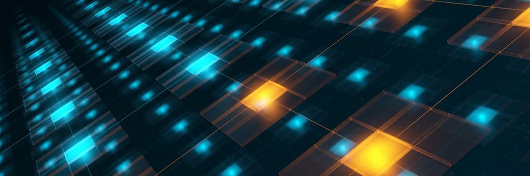 Abstract digital grid with blue and yellow glowing squares on a dark background.
